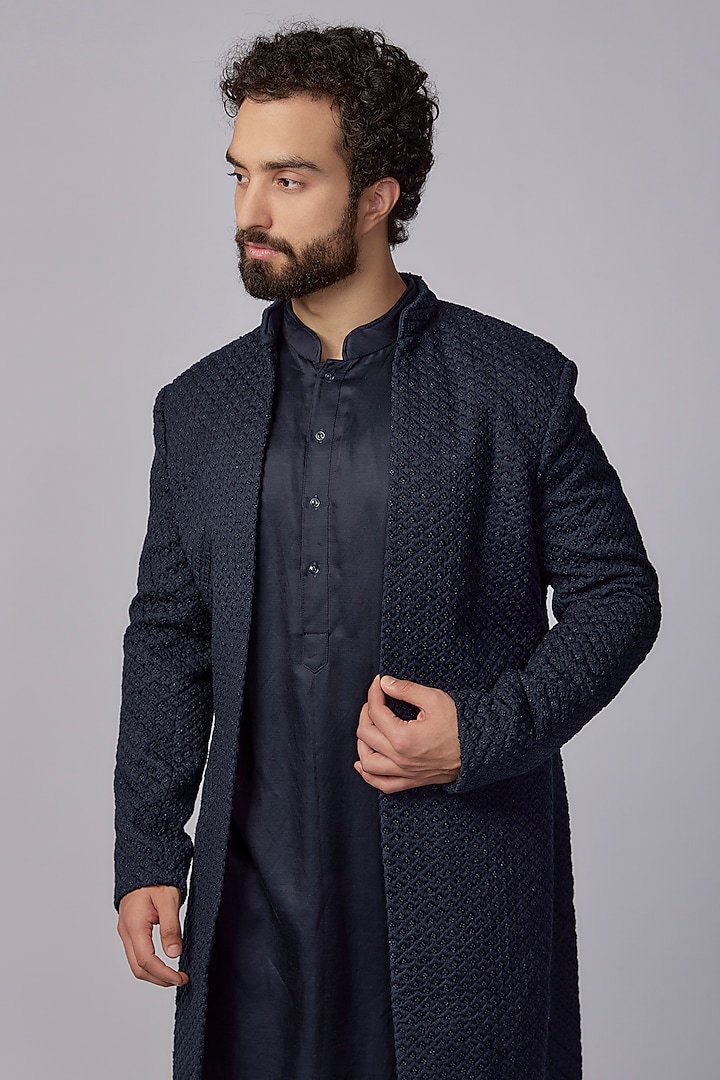 Navy Blue Suiting Embroidered Indo-Western Set by Kunal Rawal at Pernia's Pop Up Shop