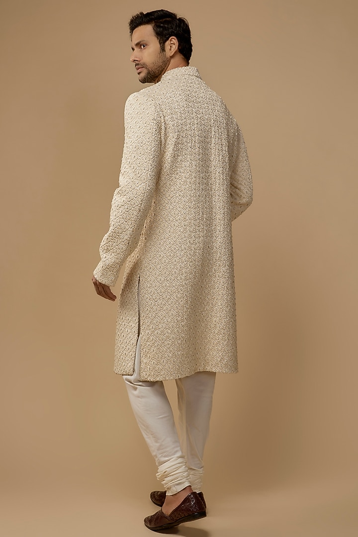 Cream Suiting Embroidered Groom Sherwani by Kunal Rawal at Pernia's Pop Up Shop