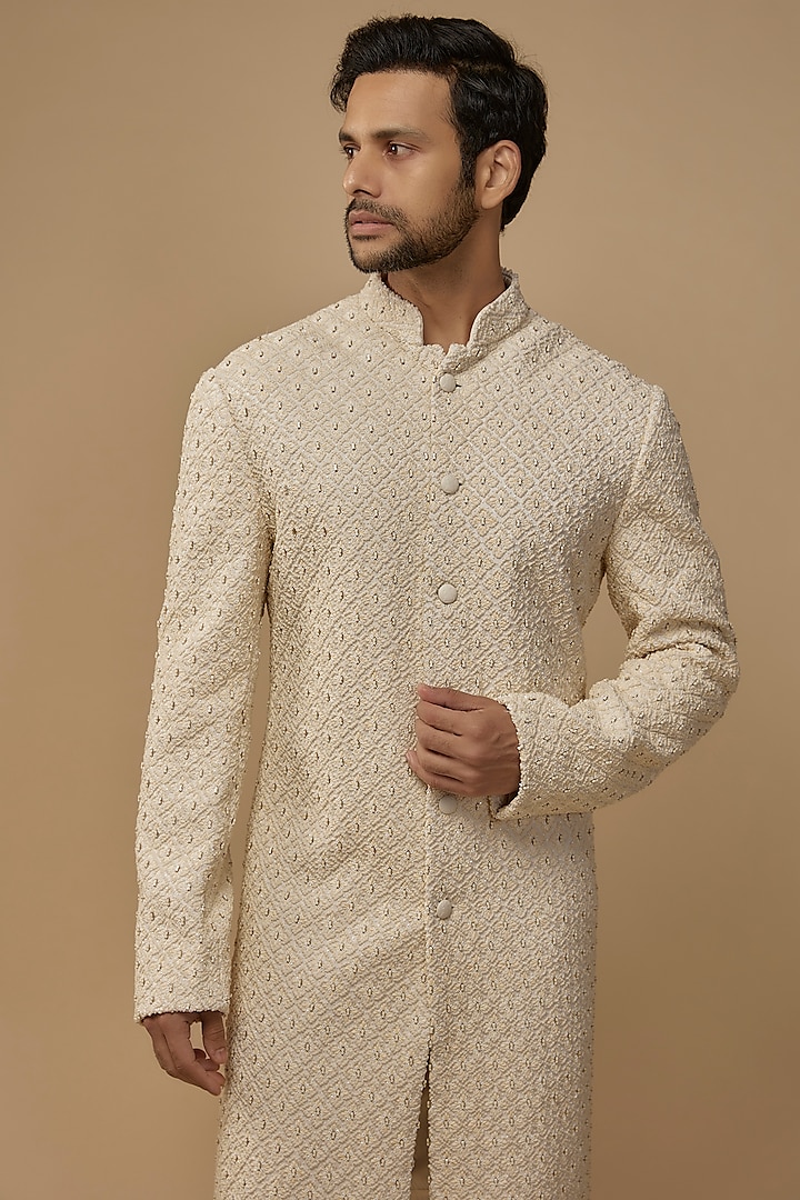 Cream Suiting Embroidered Groom Sherwani by Kunal Rawal at Pernia's Pop Up Shop