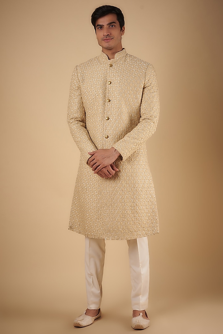 Beige Suiting Hand Embroidered Sherwani by Kunal Rawal