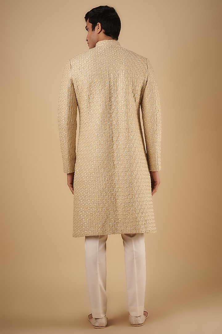 Beige Suiting Embroidered Groom Sherwani by Kunal Rawal at Pernia's Pop Up Shop