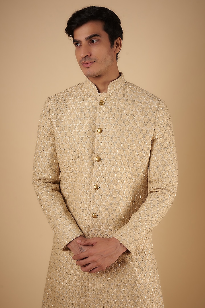 Beige Suiting Embroidered Groom Sherwani by Kunal Rawal at Pernia's Pop Up Shop