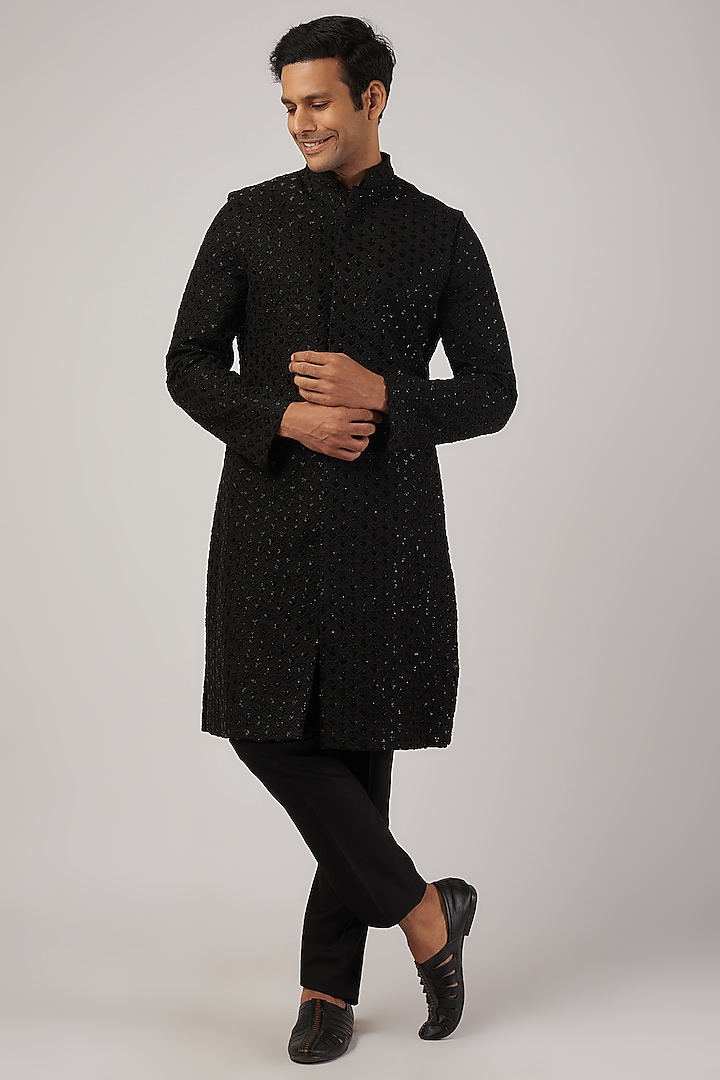 Black Suiting Thread Embroidered Sherwani Set by Kunal Rawal