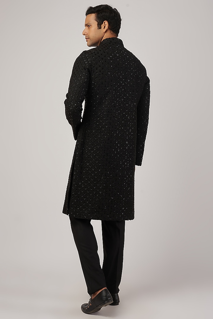 Black Suiting Thread Embroidered Groom Sherwani Set by Kunal Rawal at Pernia's Pop Up Shop