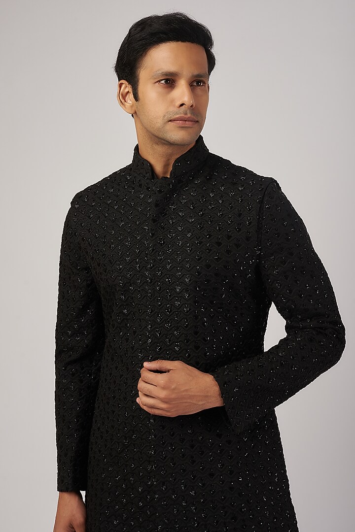 Black Suiting Thread Embroidered Groom Sherwani Set by Kunal Rawal at Pernia's Pop Up Shop
