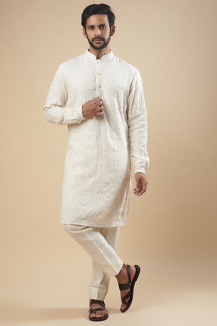 Vanilla White Linen Satin Embroidered Kurta by Kunal Rawal