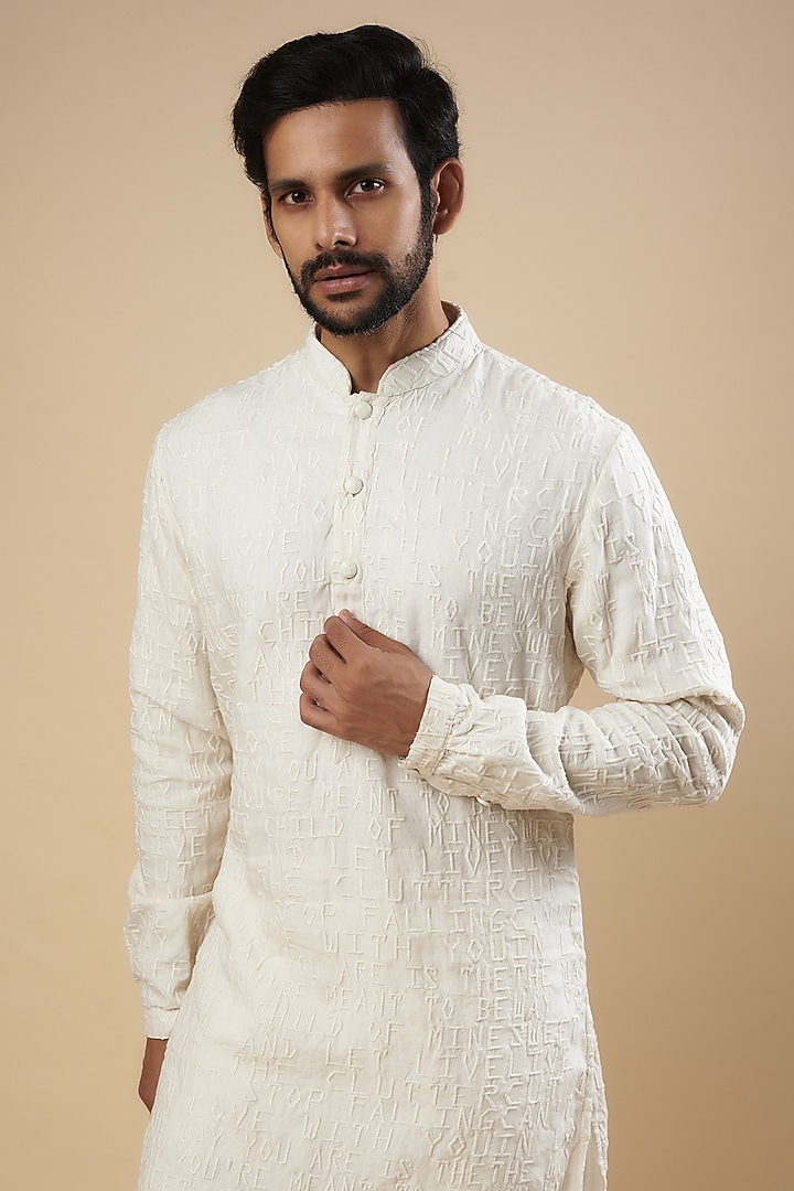 Vanilla White Linen Satin Embroidered Kurta by Kunal Rawal at Pernia's Pop Up Shop