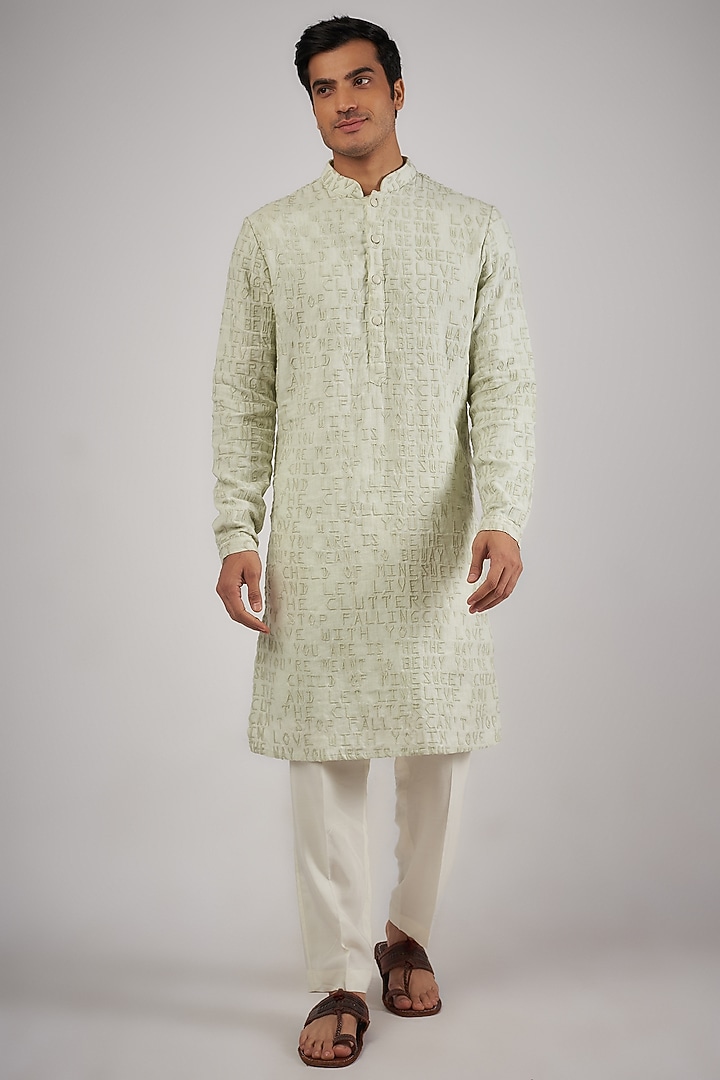 Mint Silk Embroidered Kurta by Kunal Rawal at Pernia's Pop Up Shop