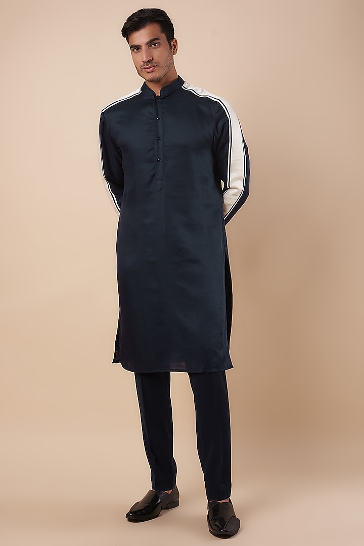 Navy Blue & Vanilla Silk Kurta by Kunal Rawal at Pernia's Pop Up Shop