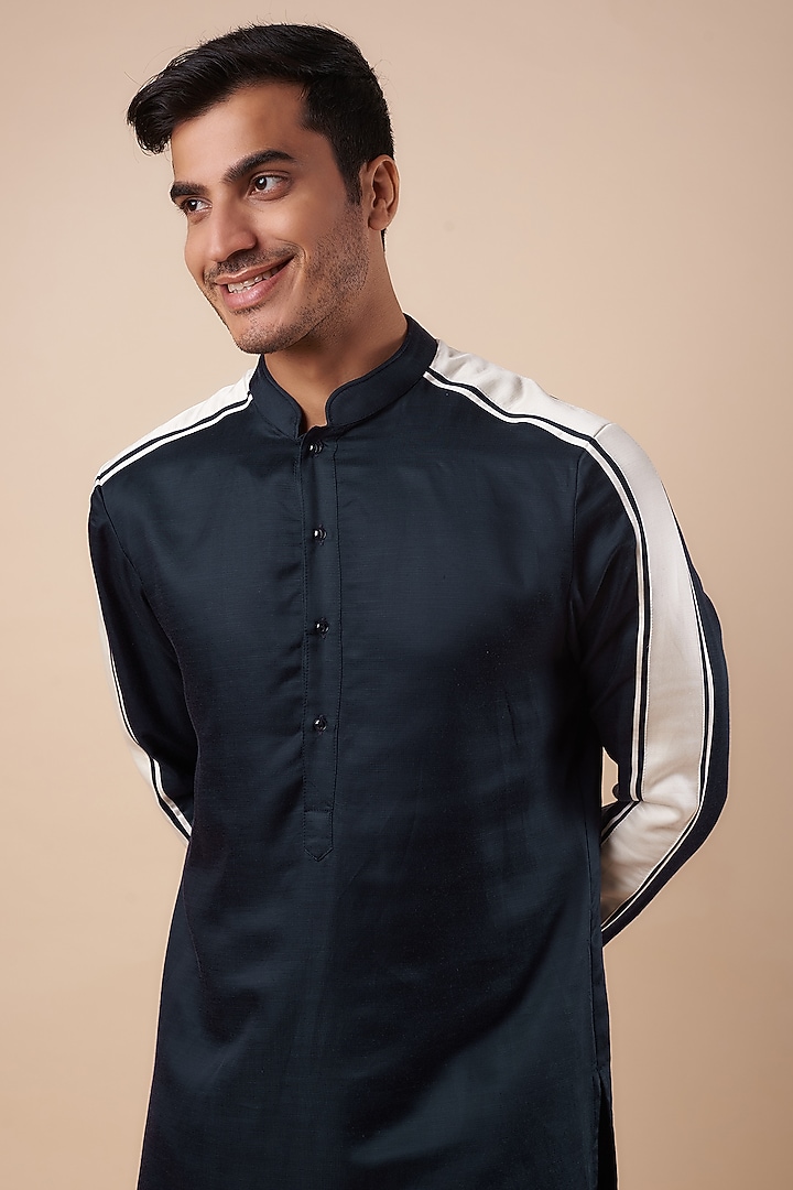 Navy Blue & Vanilla Silk Kurta by Kunal Rawal at Pernia's Pop Up Shop