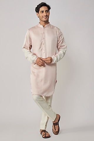 Blush Pink Linen Satin Embroidered Kurta by Kunal Rawal