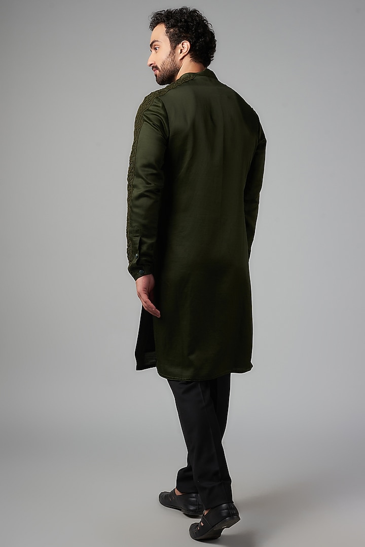 Olive Green Linen Satin Kurta by Kunal Rawal at Pernia's Pop Up Shop