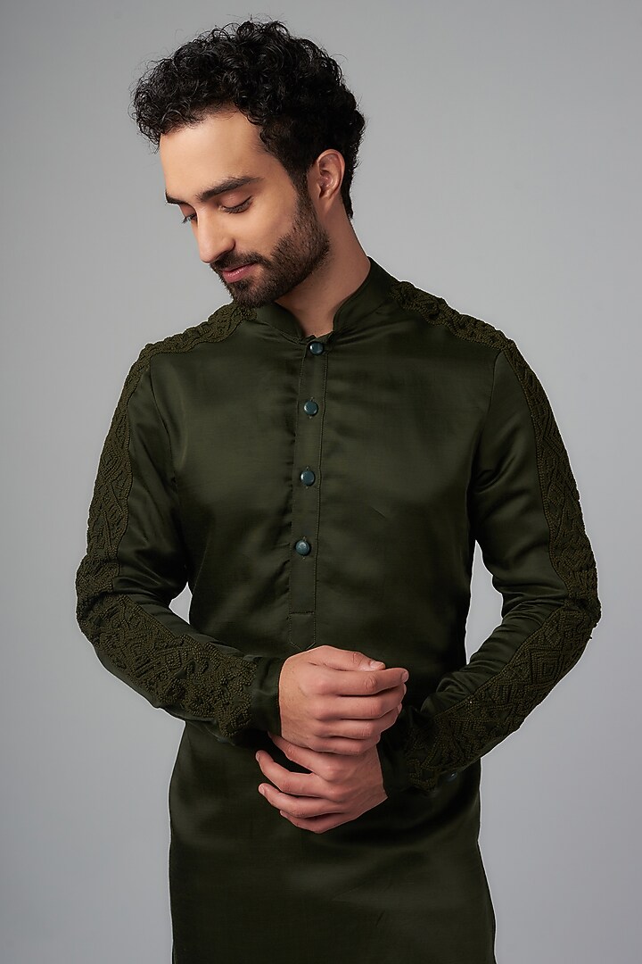 Olive Green Linen Satin Kurta by Kunal Rawal at Pernia's Pop Up Shop
