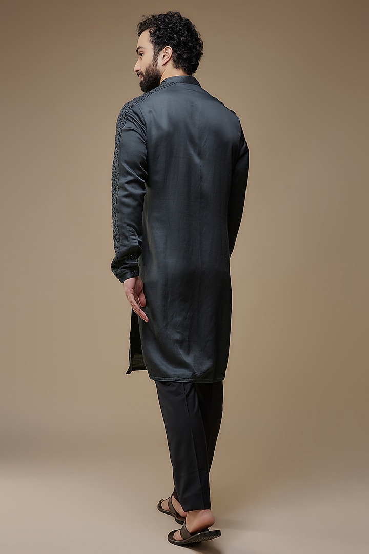 Charcoal Black Linen Satin Kurta by Kunal Rawal at Pernia's Pop Up Shop
