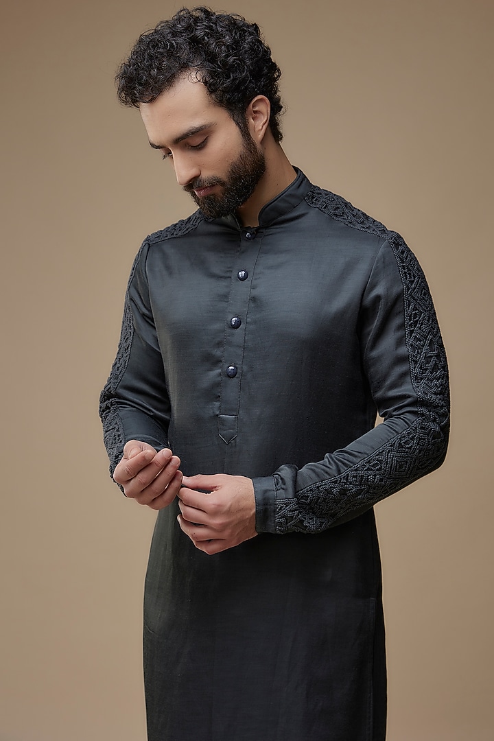 Charcoal Black Linen Satin Kurta by Kunal Rawal at Pernia's Pop Up Shop