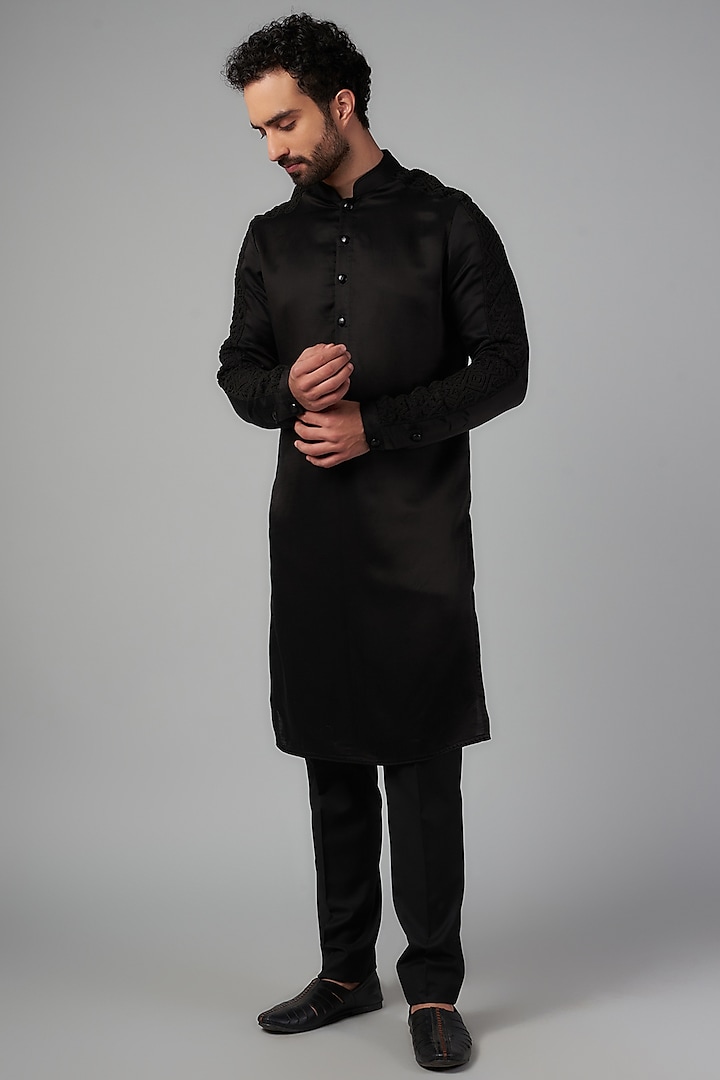 Black Linen Satin Kurta by Kunal Rawal