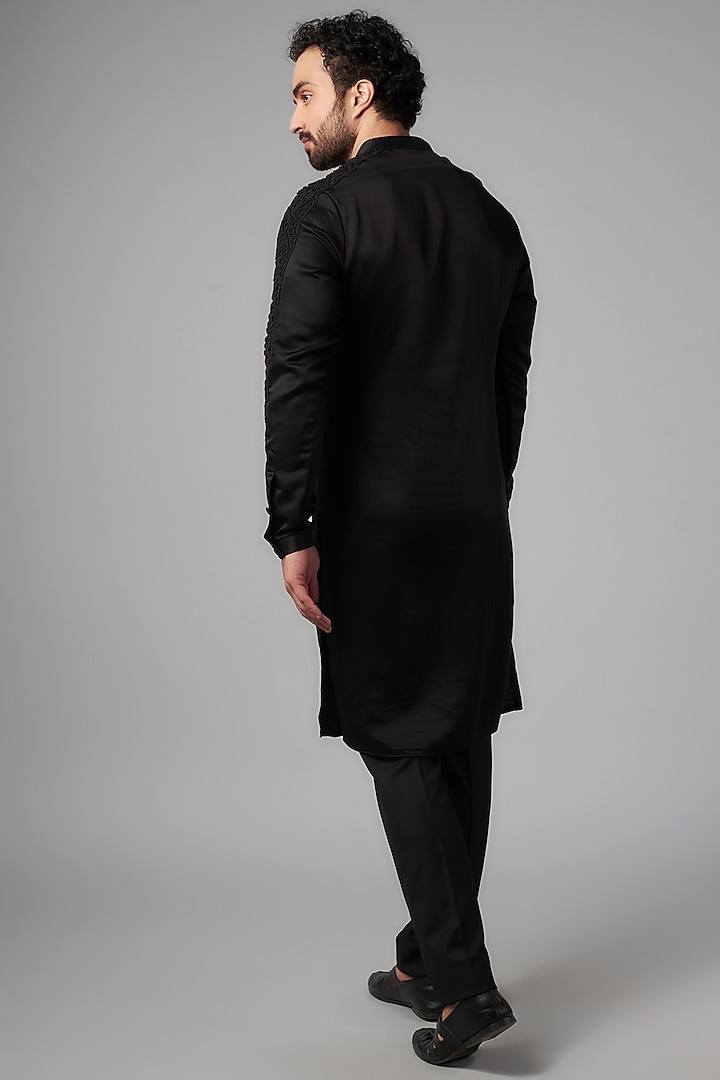 Black Linen Satin Kurta by Kunal Rawal at Pernia's Pop Up Shop