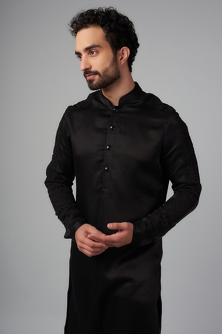 Black Linen Satin Kurta by Kunal Rawal at Pernia's Pop Up Shop