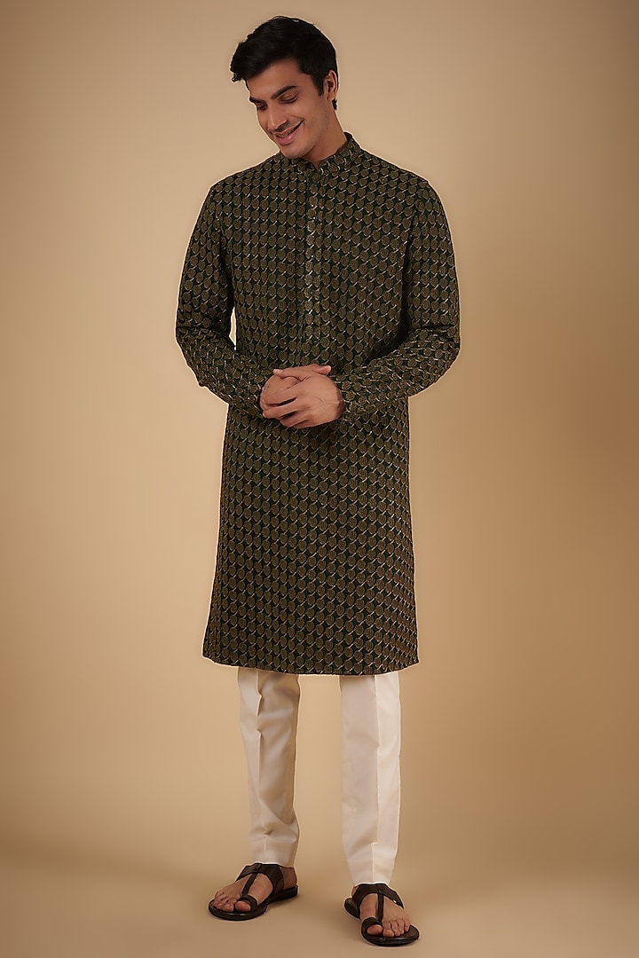 Dark Olive Viscose Embroidered Kurta by Kunal Rawal