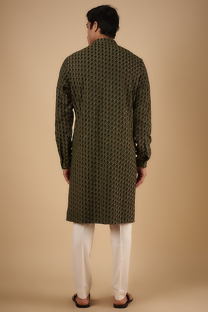 Dark Olive Viscose Embroidered Kurta by Kunal Rawal at Pernia's Pop Up Shop