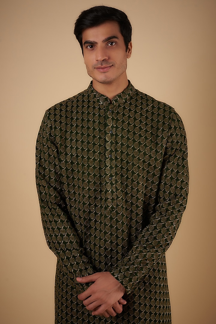 Dark Olive Viscose Embroidered Kurta by Kunal Rawal at Pernia's Pop Up Shop