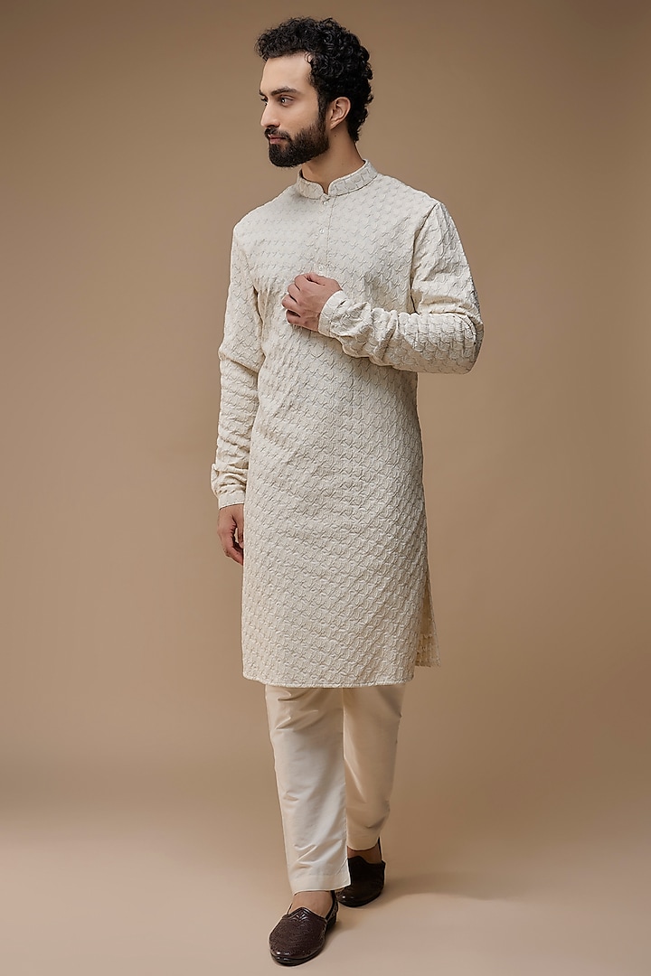 Vanilla White Viscose Embroidered Kurta by Kunal Rawal