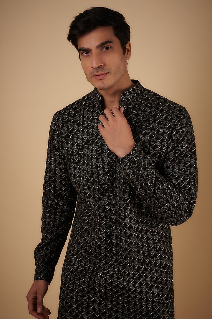 Black Linen Satin Embroidered Kurta by Kunal Rawal at Pernia's Pop Up Shop