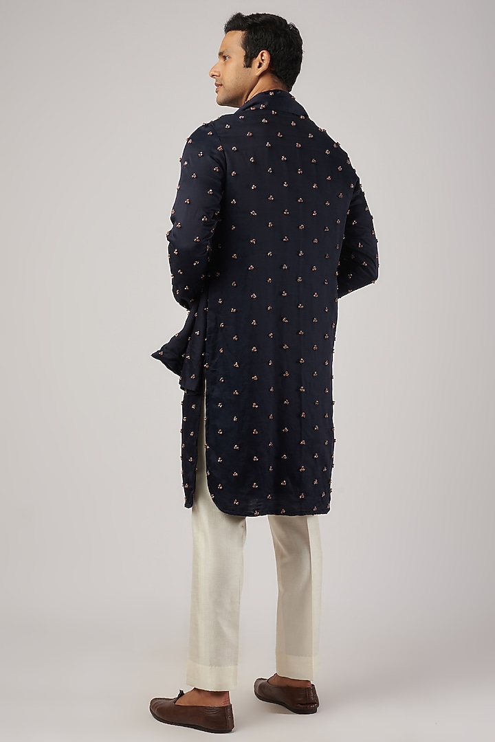 Navy Blue Linen Satin Embroidered Kurta With Stole by Kunal Rawal at Pernia's Pop Up Shop