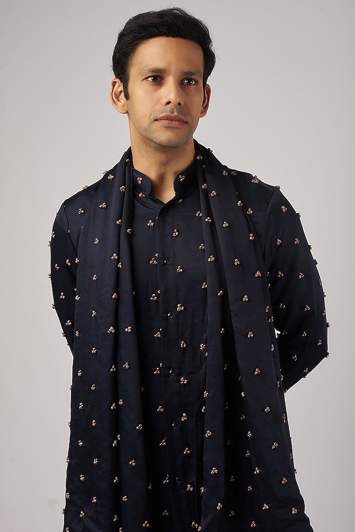 Navy Blue Linen Satin Embroidered Kurta With Stole by Kunal Rawal