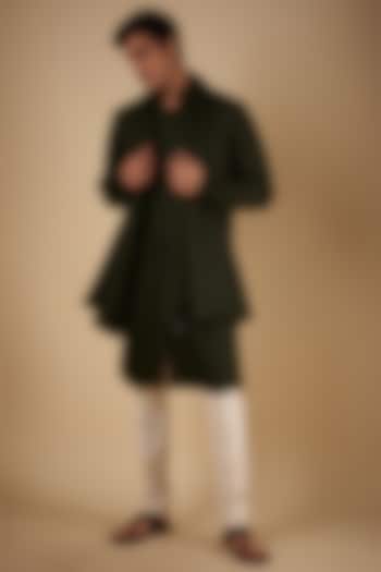 Dark Olive Linen Satin Hand Embroidered Kurta With Stole by Kunal Rawal at Pernia's Pop Up Shop