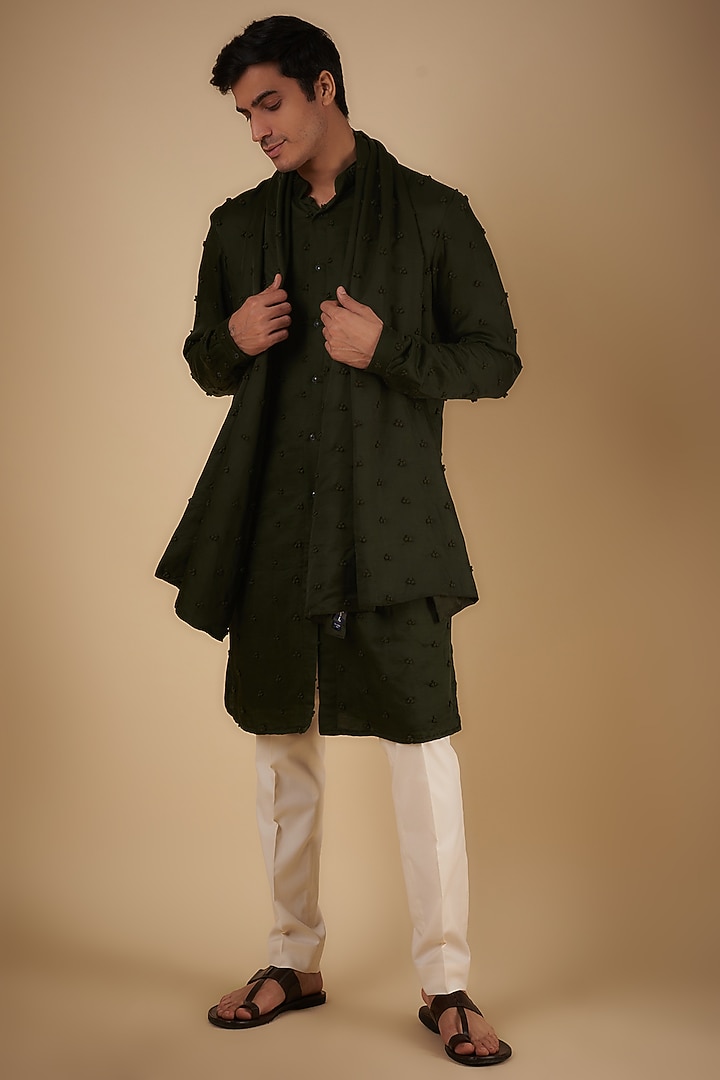 Dark Olive Linen Satin Hand Embroidered Kurta With Stole by Kunal Rawal at Pernia's Pop Up Shop