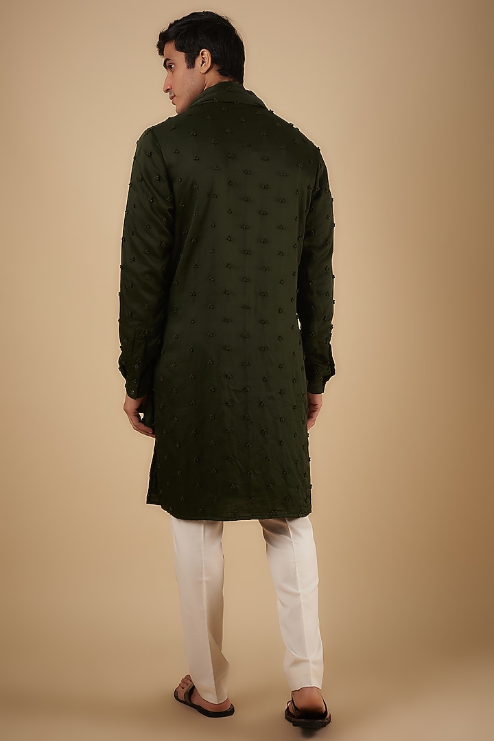 Dark Olive Linen Satin Hand Embroidered Kurta With Stole by Kunal Rawal at Pernia's Pop Up Shop