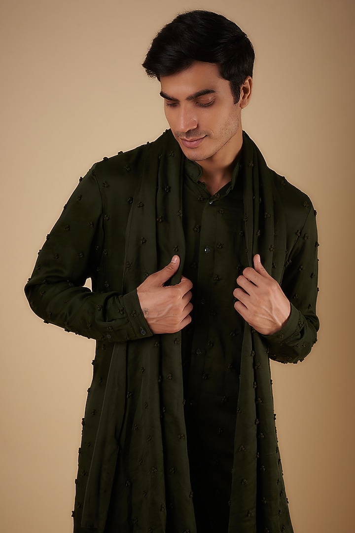 Dark Olive Linen Satin Hand Embroidered Kurta With Stole by Kunal Rawal at Pernia's Pop Up Shop
