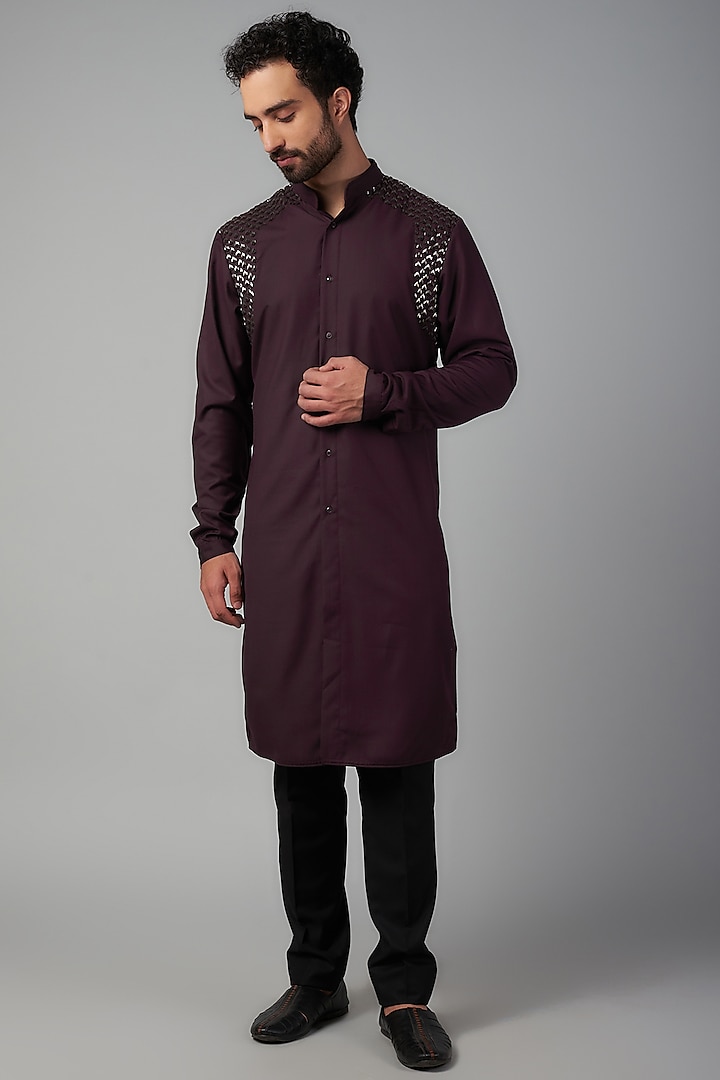 Wine Suiting Embroidered Kurta by Kunal Rawal