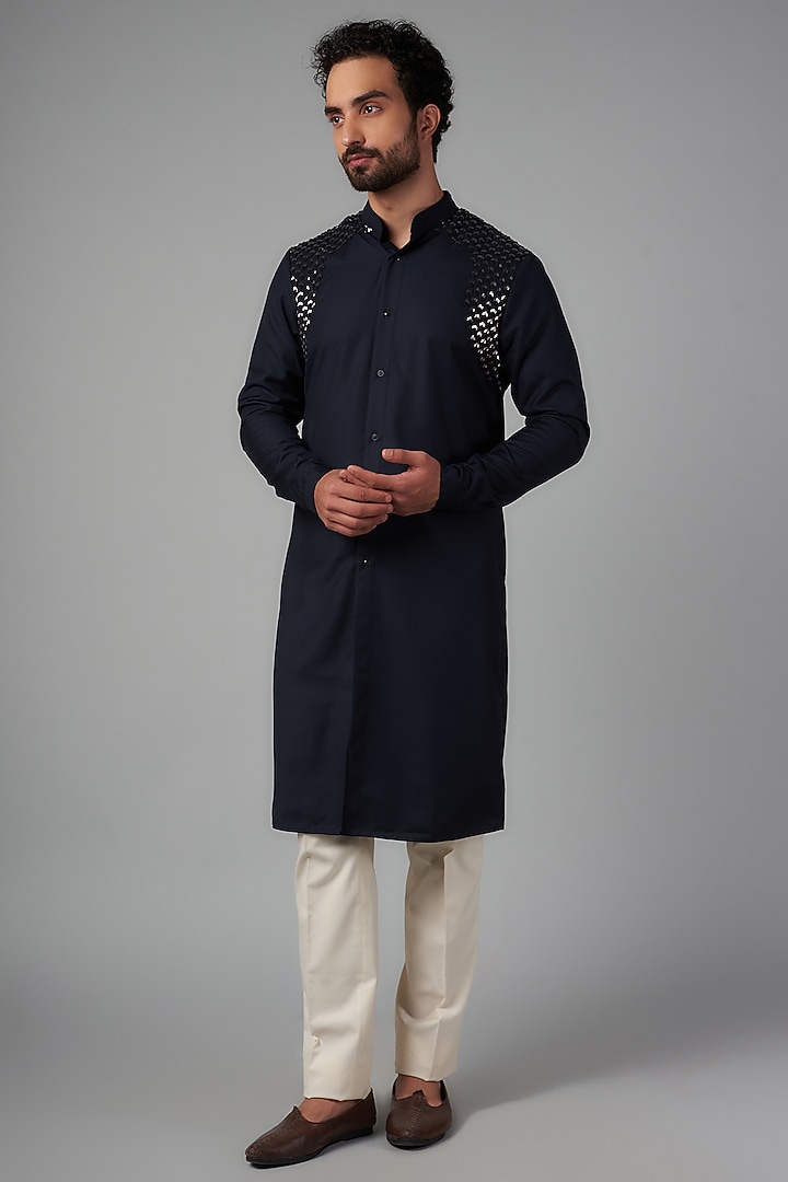 Navy Blue Suiting Hand Embroidered Kurta by Kunal Rawal at Pernia's Pop Up Shop