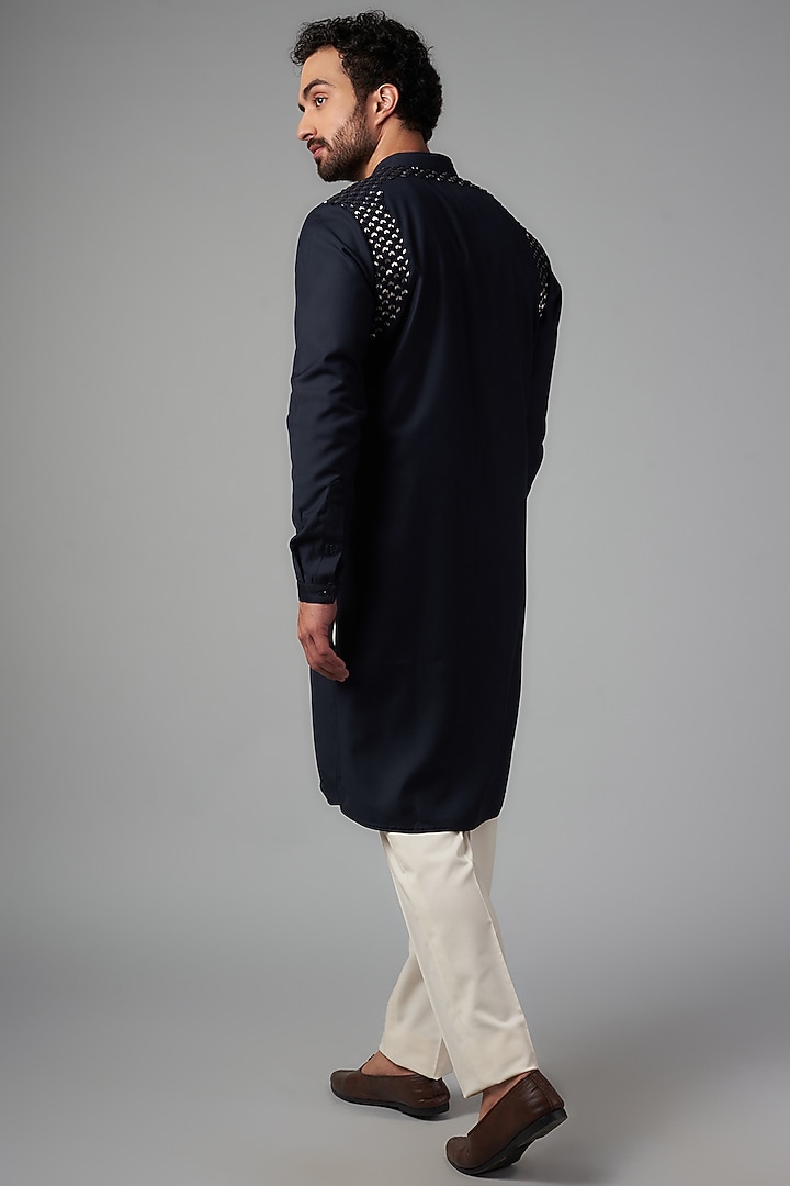 Navy Blue Suiting Hand Embroidered Kurta by Kunal Rawal at Pernia's Pop Up Shop