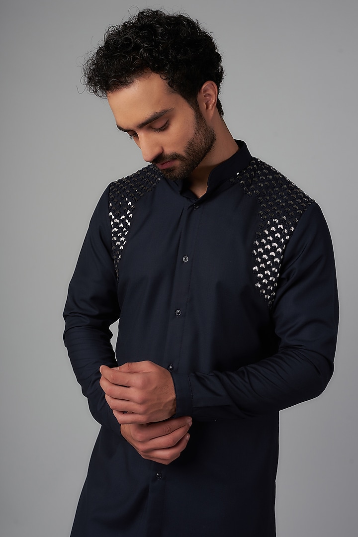 Navy Blue Suiting Hand Embroidered Kurta by Kunal Rawal at Pernia's Pop Up Shop
