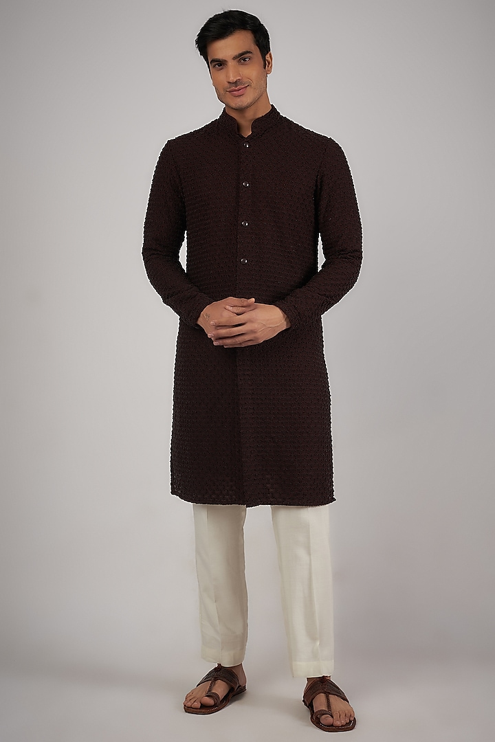 Wine Silk Embroidered Kurta by Kunal Rawal