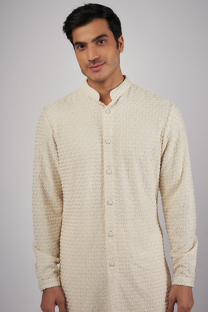 Vanilla Silk Beads Embroidered Kurta by Kunal Rawal at Pernia's Pop Up Shop