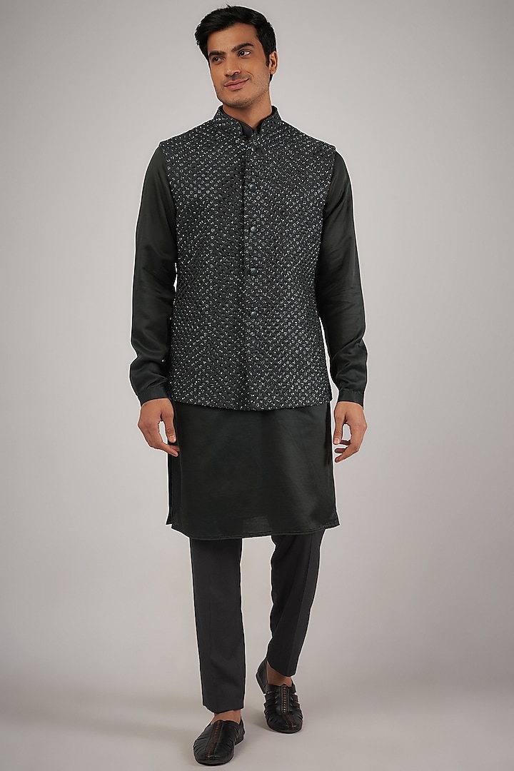 Charcoal Grey Suiting Thread Work Nehru Jacket Set by Kunal Rawal