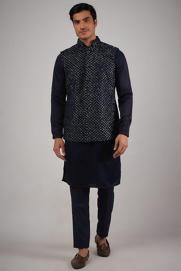 Navy Blue Suiting Embroidered Nehru Jacket Set by Kunal Rawal