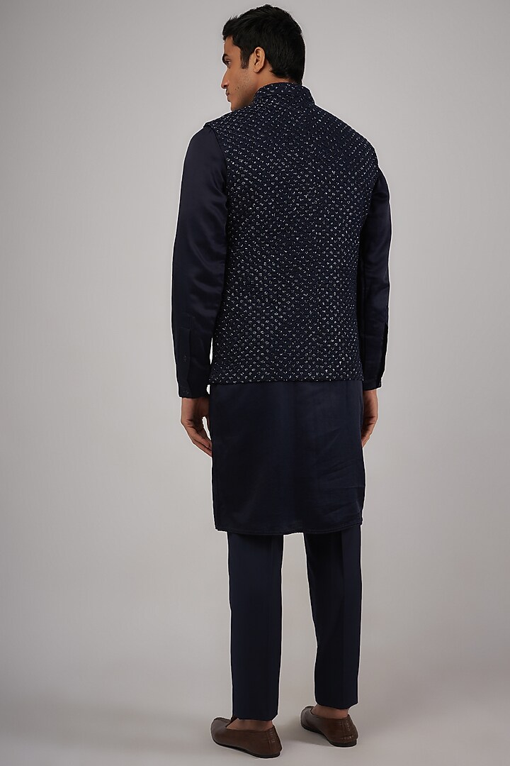 Navy Blue Suiting Thread Embroidered Nehru Jacket Set by Kunal Rawal at Pernia's Pop Up Shop