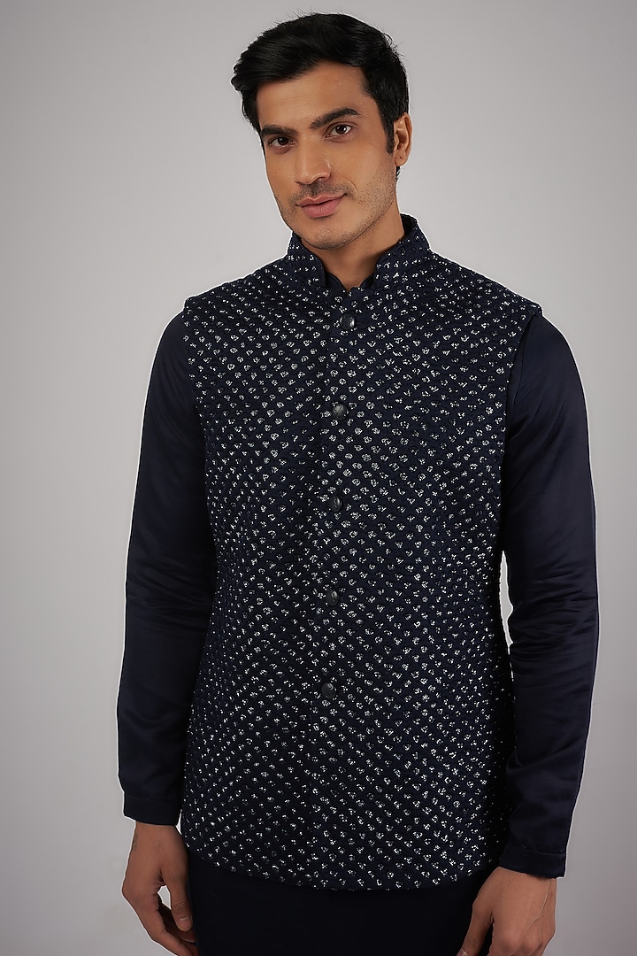 Navy Blue Suiting Thread Embroidered Nehru Jacket Set by Kunal Rawal at Pernia's Pop Up Shop