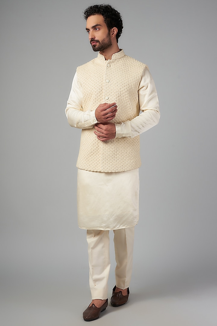 Vanilla Suiting Embroidered Nehru Jacket Set by Kunal Rawal