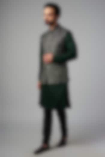 Green & Silver Suiting Thread Embroidered Nehru Jacket Set by Kunal Rawal at Pernia's Pop Up Shop