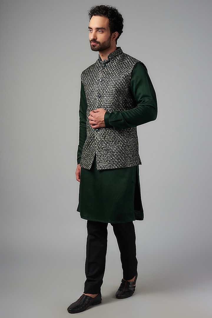Green & Silver Suiting Thread Embroidered Nehru Jacket Set by Kunal Rawal at Pernia's Pop Up Shop