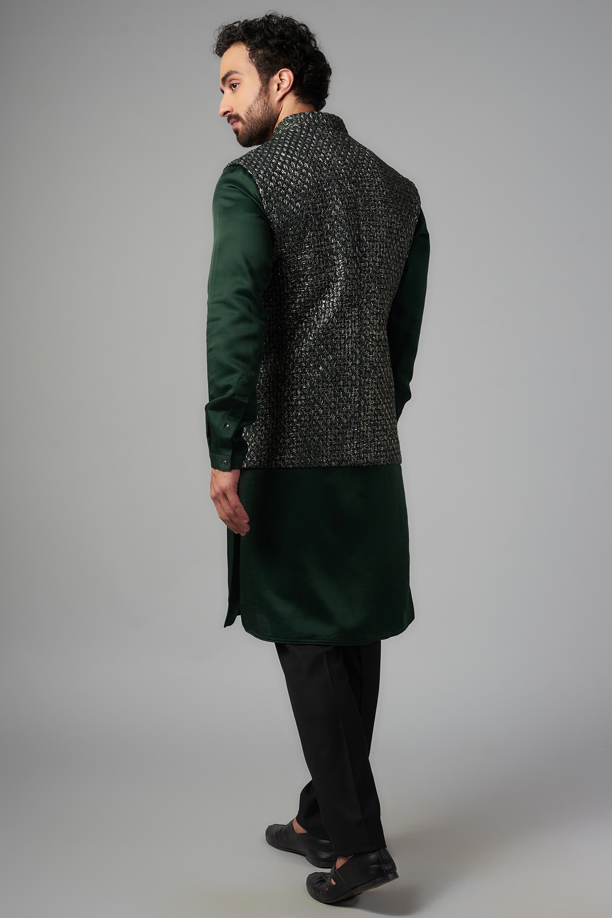 Dark Olive Green Solid Nehru Jacket