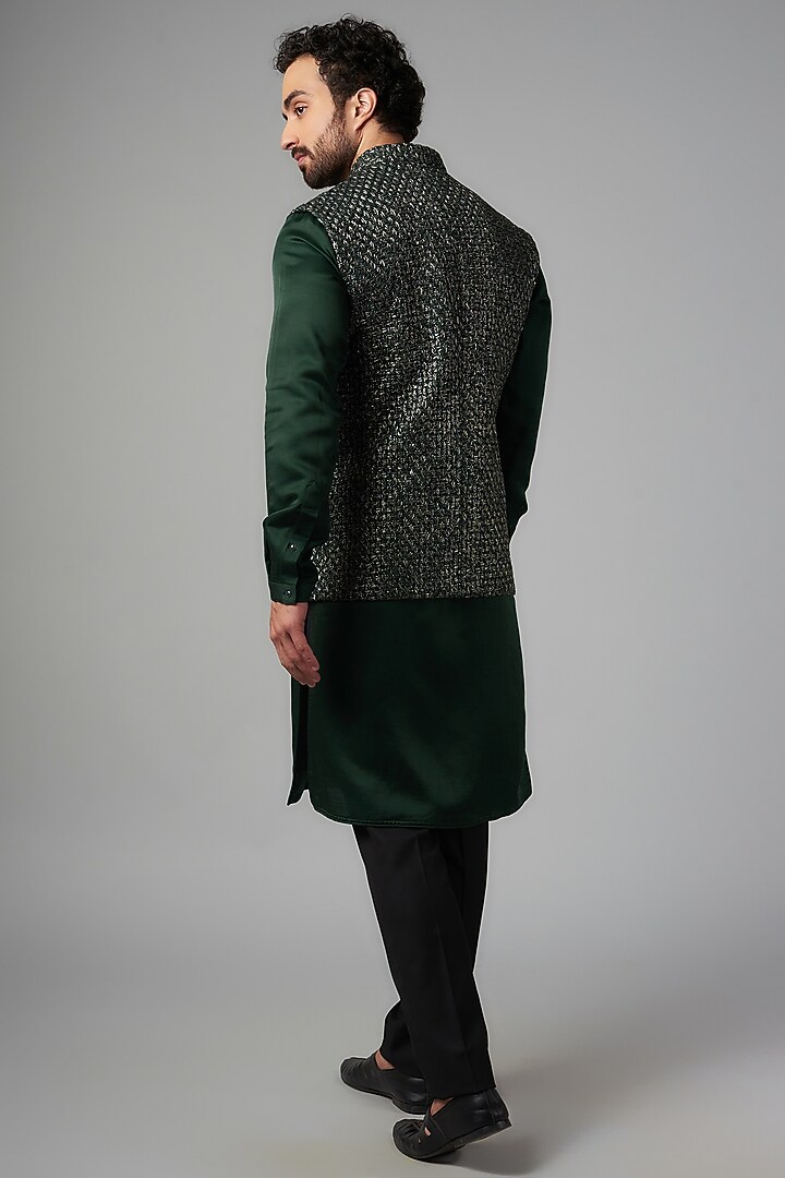Green & Silver Suiting Thread Embroidered Nehru Jacket Set by Kunal Rawal at Pernia's Pop Up Shop