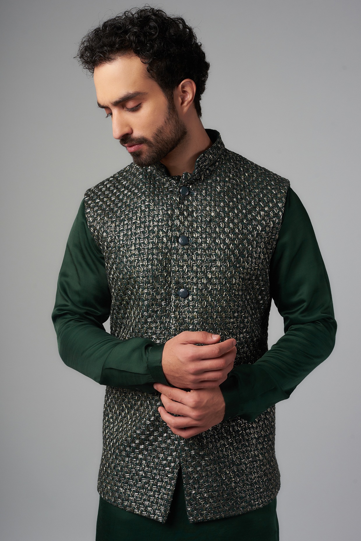 Burnham Dark Green Velvet Plain-Solid Premium Wedding Nehru Jacket For Men.