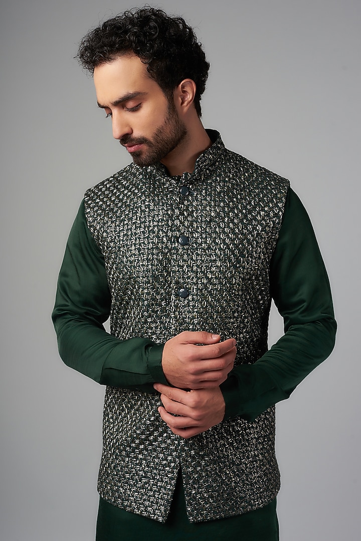 Green & Silver Suiting Thread Embroidered Nehru Jacket Set by Kunal Rawal at Pernia's Pop Up Shop